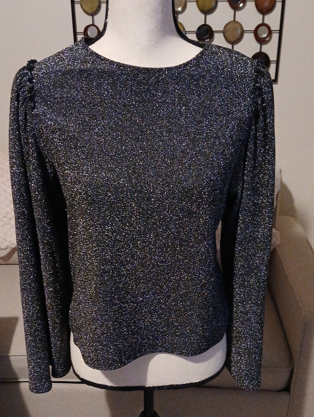 Express Black Glitter Long-Sleeve Crewneck Top